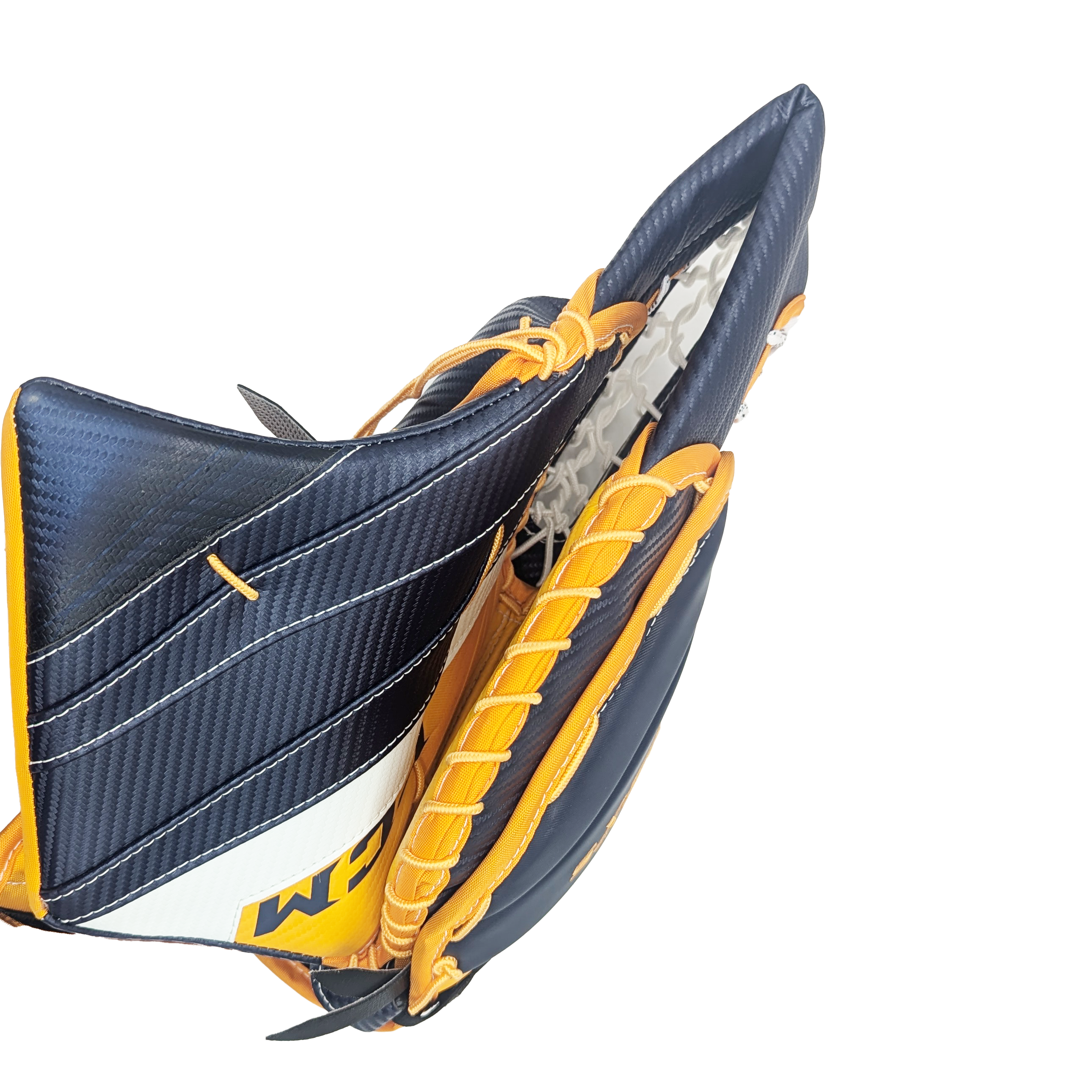 CCM Extreme Flex 5 - Nouveau gant de gardien de but Pro Stock (bleu marine/jaune/blanc)